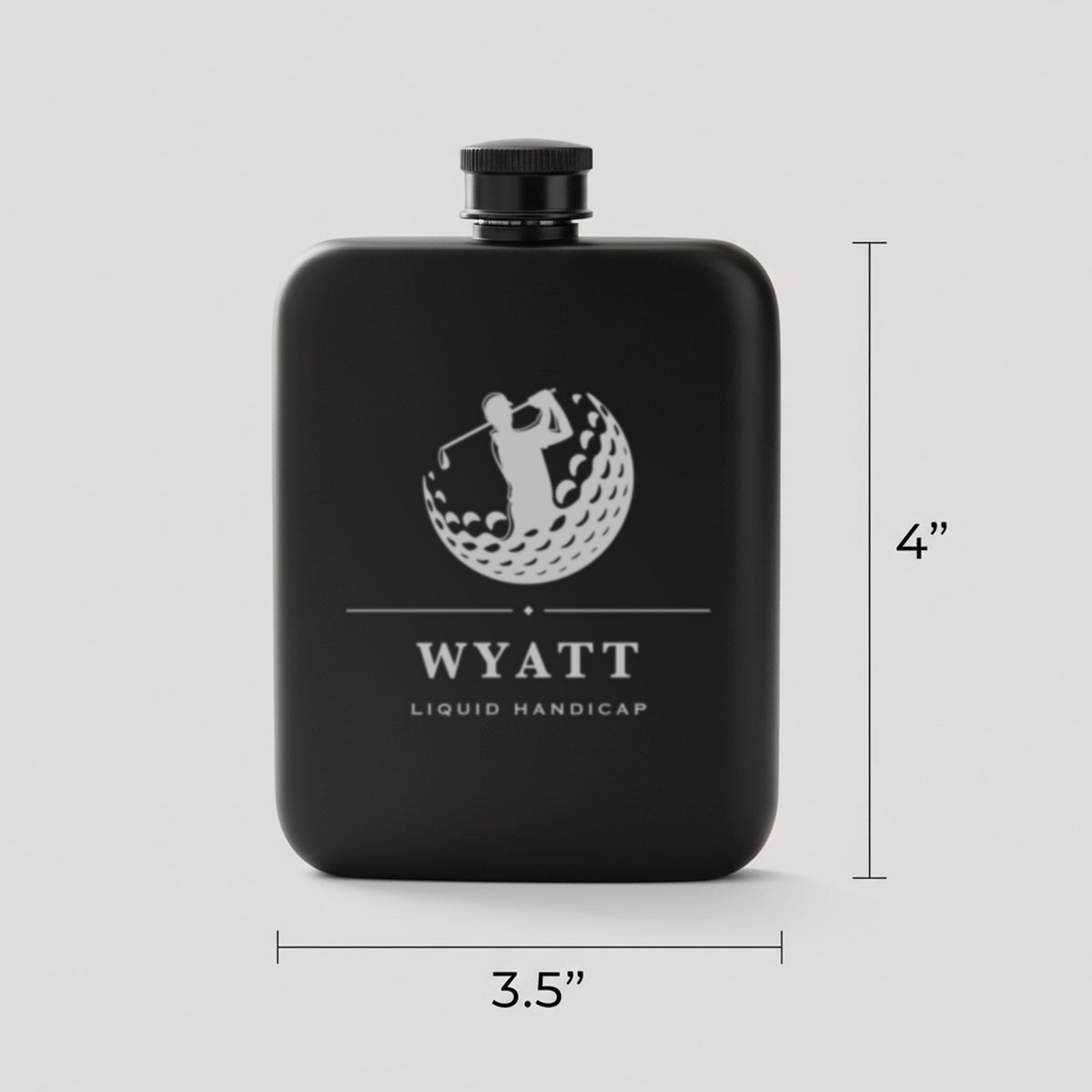 Size guide for the golf groomsmen flask reading Liquid Handicap, 3.5 inches wide by 4 inches tall, holding 6 ounces.