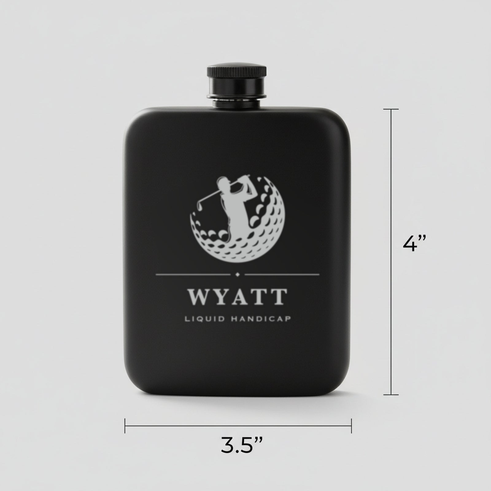 Size guide for the golf groomsmen flask reading Liquid Handicap, 3.5 inches wide by 4 inches tall, holding 6 ounces.