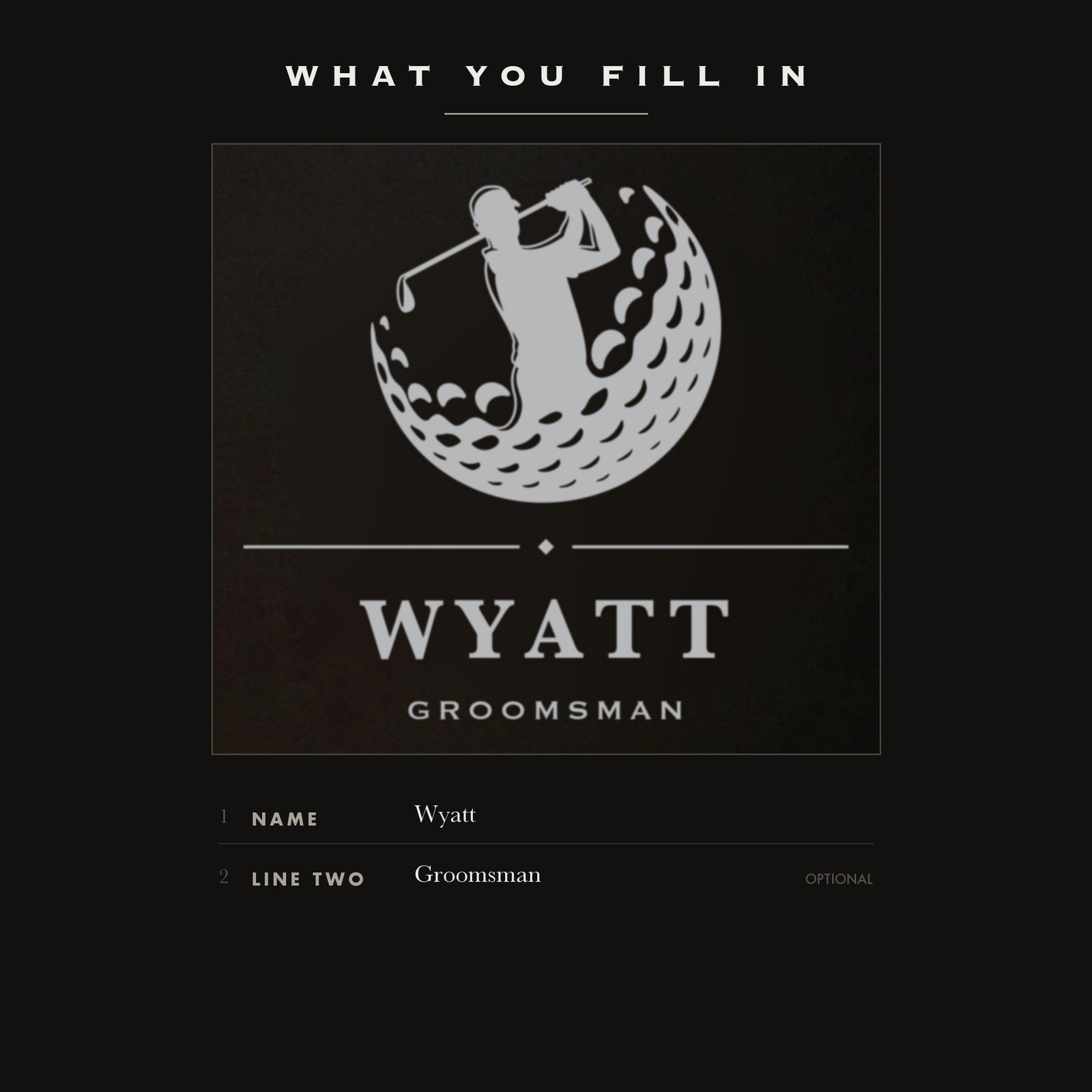 The two personalization fields on the golf groomsmen flask, his name plus one optional line such as Groomsman.