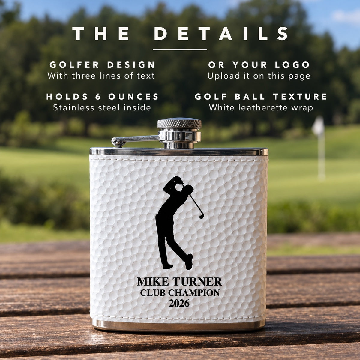 Details of the golf outing gift flask: a golfer design with three lines of text or your own logo, holds 6 ounces, white golf ball texture leatherette wrap.