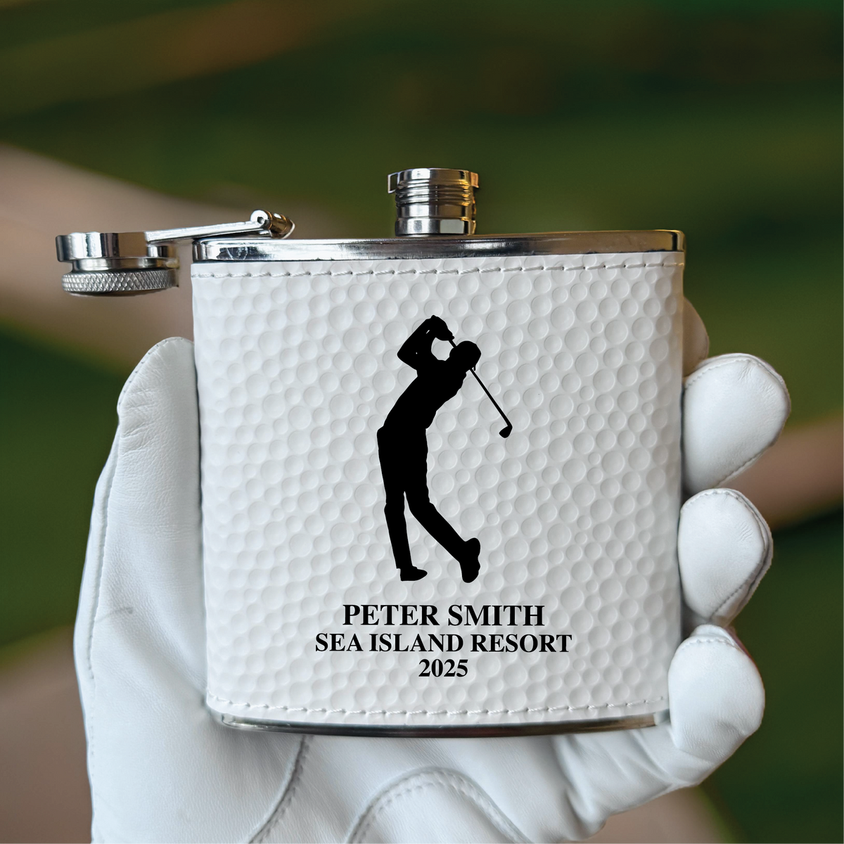 Personalized white golf flask with golfer silhouette and custom name, perfect golf outing gift