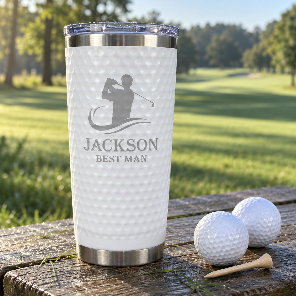 White golf ball textured tumbler engraved with a golfer silhouette, JACKSON and BEST MAN, on a tee box bench beside golf balls and a tee, a golf groomsmen gift.