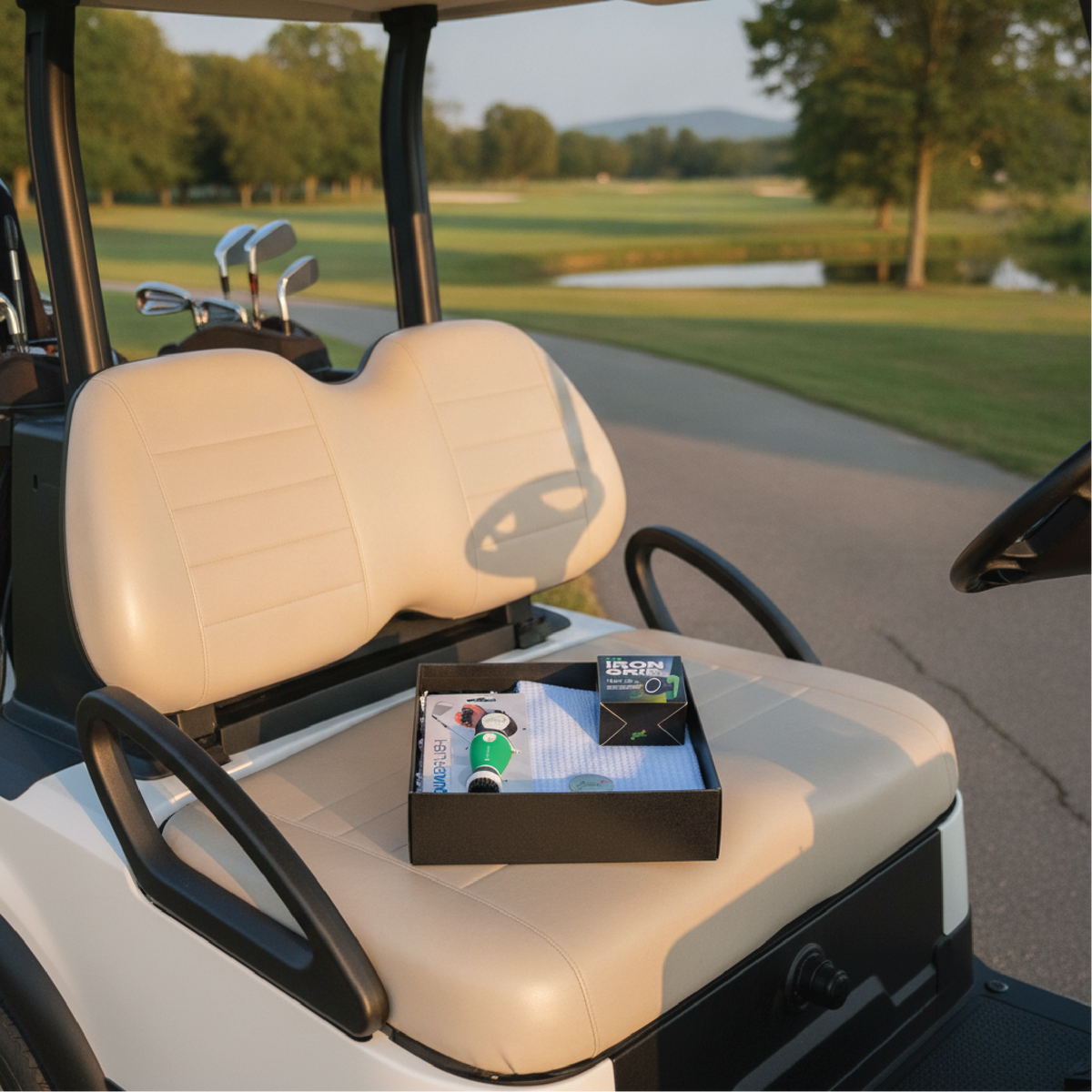 Groomsman golf gift box open on a golf cart seat with the course behind it, a personalized gift for the golfers in the wedding party.