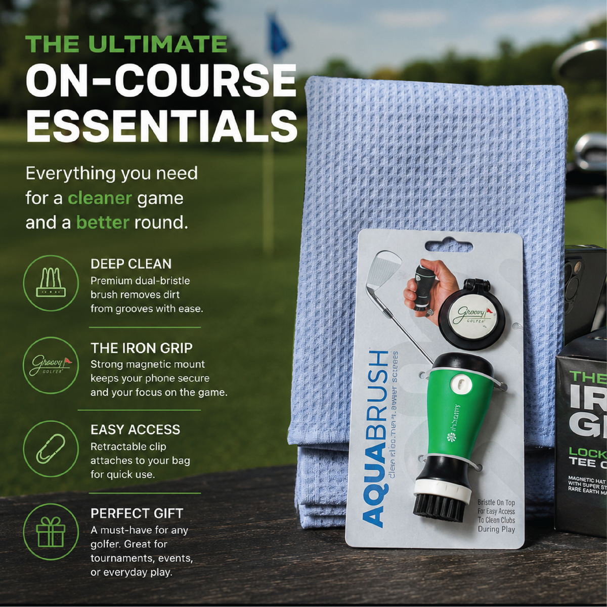 Personalized groomsmen golf gift set, the engraved keepsake box arranged with its on-course accessories for gifting.