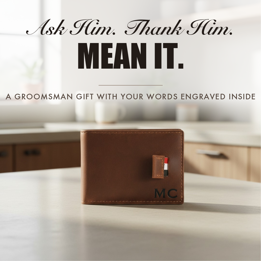 Brown leather bifold wallet engraved with initials, captioned Ask Him Thank Him Mean It, shown as a personalized groomsmen gift.
