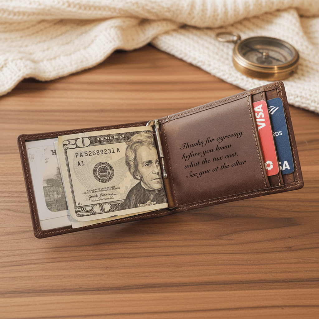 Engraved groomsman leather wallet open on a wood table beside a compass, showing a light-hearted message from the groom to a groomsman.