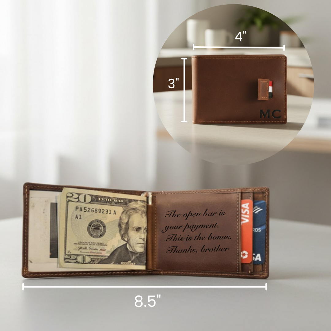 Personalized groomsman wallet shown open at 8.5 inches wide and 4 by 3 inches closed, with engraved front initials and a message inside.