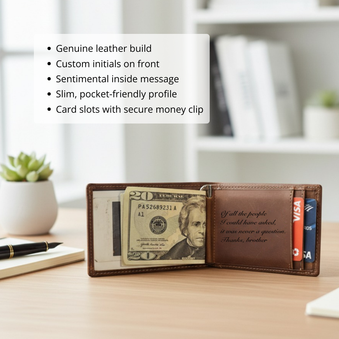 Open engraved groomsman wallet with a feature list covering genuine leather build, custom front initials and a personal inside message.