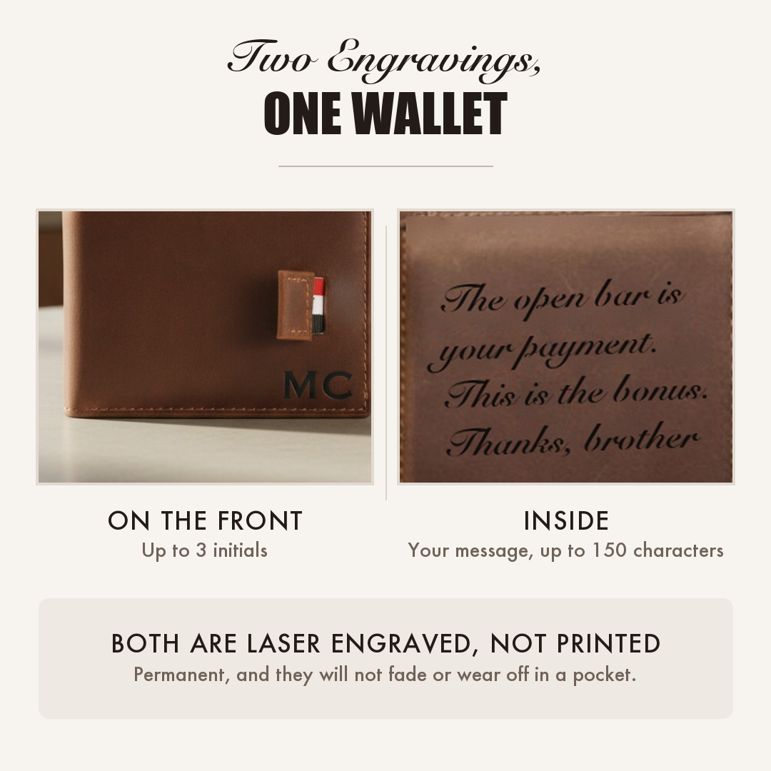 Side by side view of the two engraving areas on the groomsman leather wallet, initials on the front and a custom message inside.