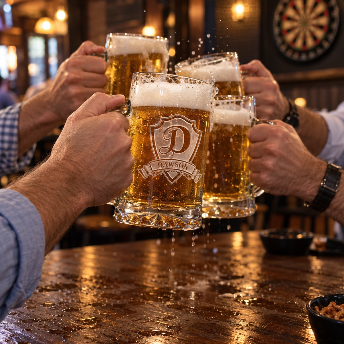 Groomsmen raise personalized beer mugs in a toast at a bachelor party pub, the front mug sand-carved with a D crest and DAWSON, a dartboard behind.
