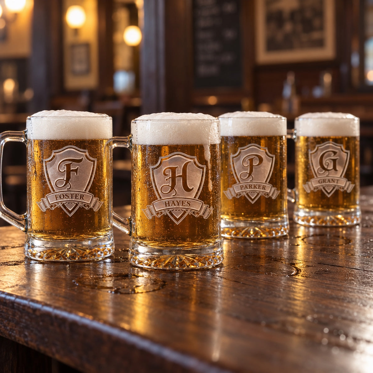 Four personalized groomsmen beer mugs full of lager on a pub table, each sand-carved with a different crest initial and name: FOSTER, HAYES, PARKER and GRANT.