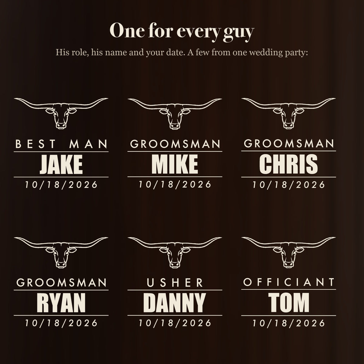 Six longhorn groomsmen beer stein designs for one wedding party: Best Man Jake, Groomsman Mike, Chris and Ryan, Usher Danny and Officiant Tom