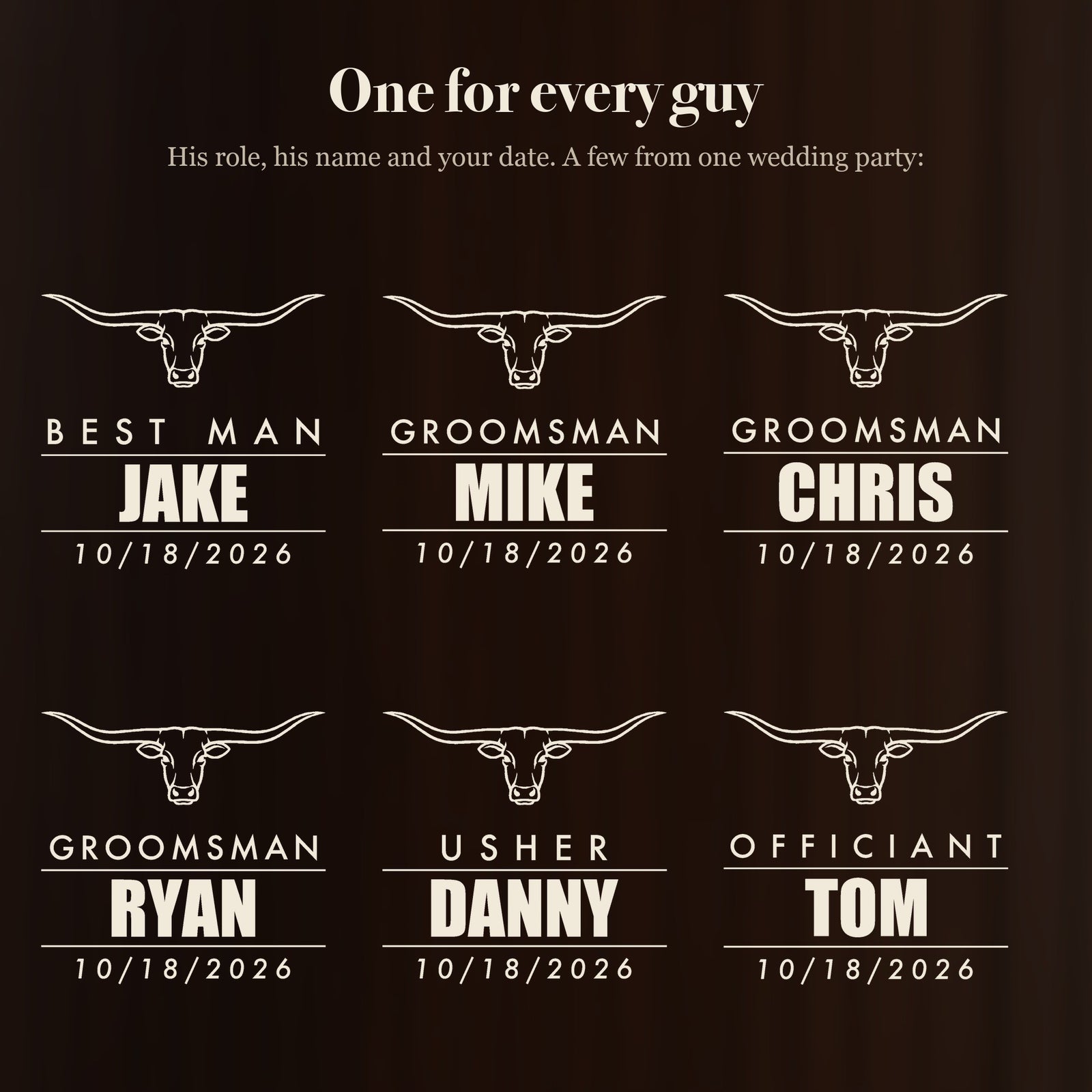 Six longhorn groomsmen beer stein designs for one wedding party: Best Man Jake, Groomsman Mike, Chris and Ryan, Usher Danny and Officiant Tom