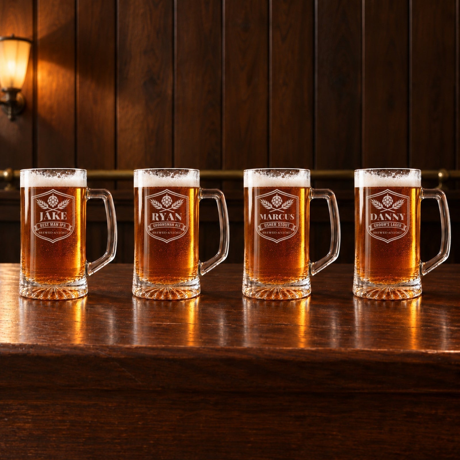 Four craft brewery label groomsmen beer steins on a bar for one wedding party: Jake Best Man IPA, Ryan Groomsman Ale, Marcus Usher Stout, Danny Groom's Lager