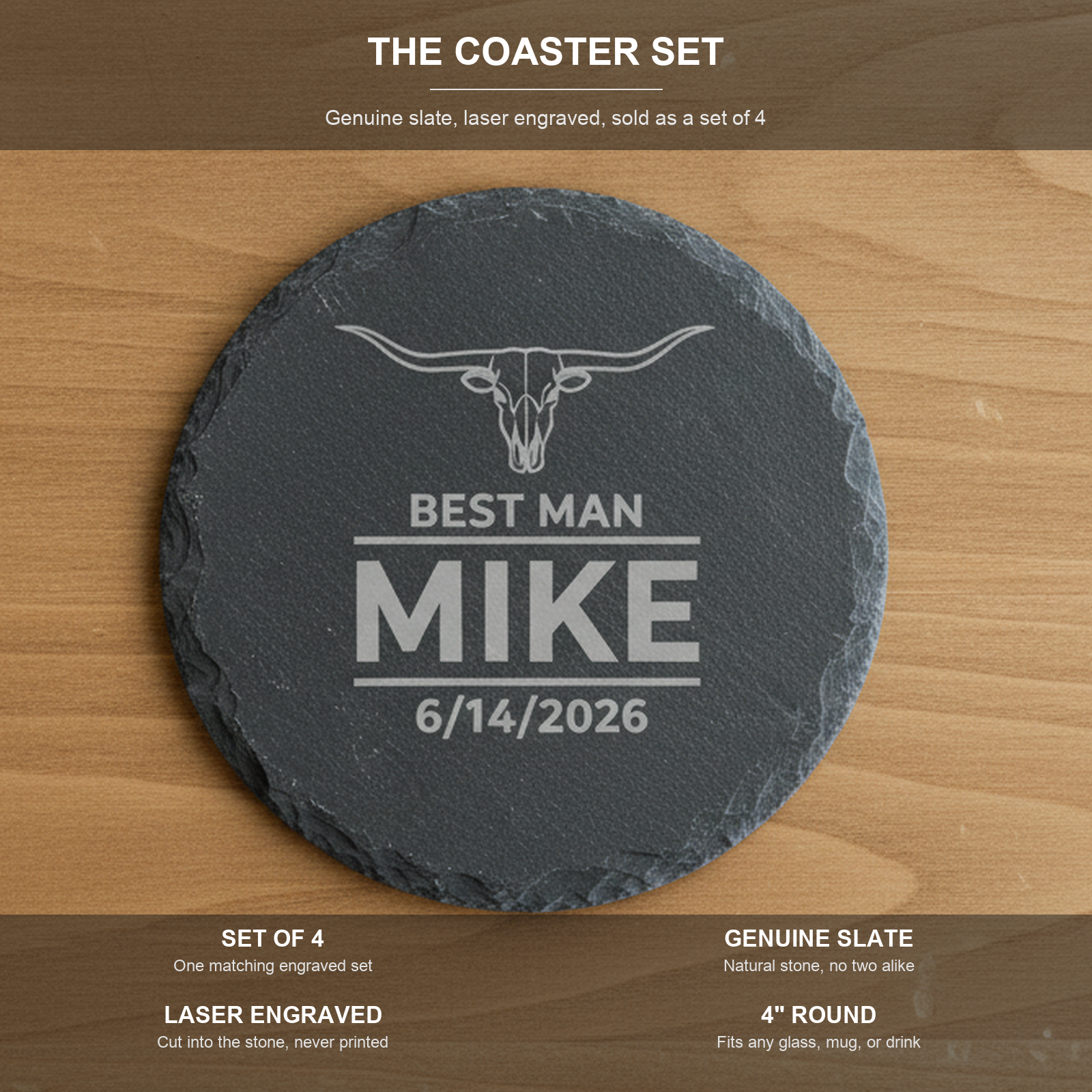 Four key facts about the personalized groomsmen slate coaster set: set of 4, genuine slate, laser engraved, 4 inch round