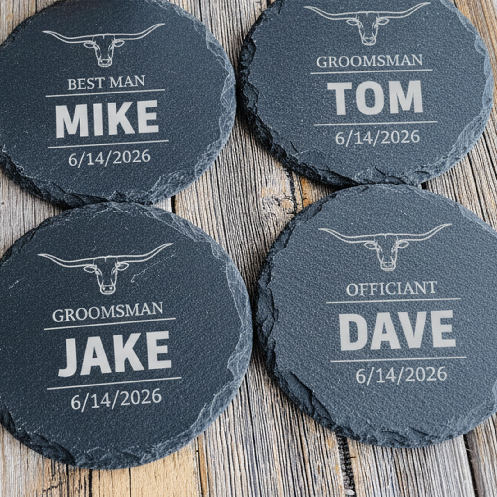 Set of four personalized slate coasters for the groomsmen, each engraved with a longhorn emblem, role, first name, and the same wedding date