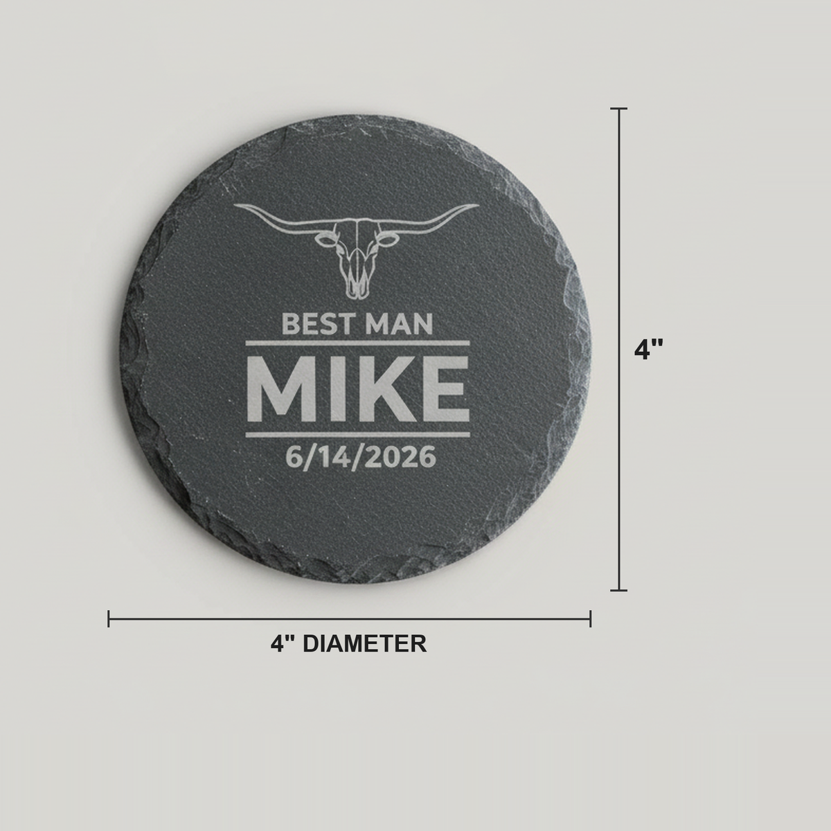 Personalized groomsmen slate coaster shown at true size, 4 inches in diameter, genuine slate sold as a set of 4