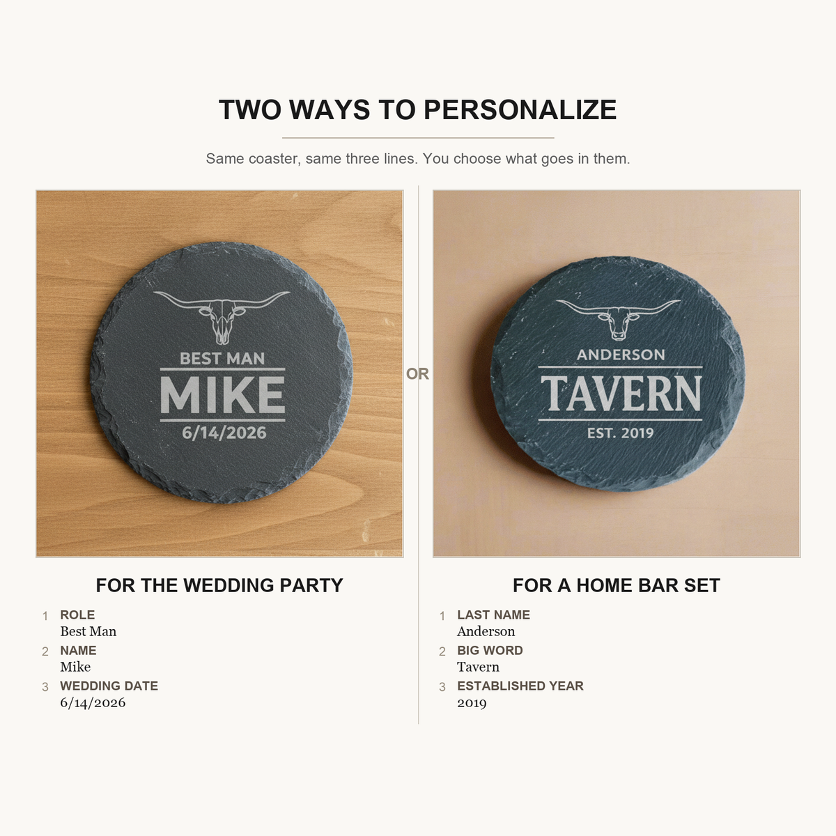 Two ways to personalize the groomsmen coaster set: for the wedding party with role, name, and date, or for a home bar set with last name, big word, and established year