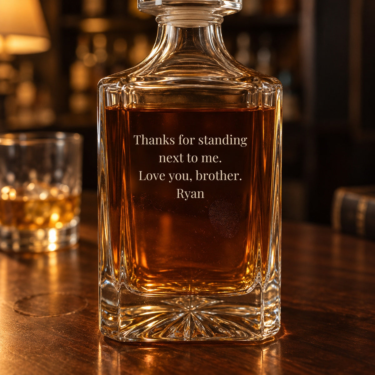 Back of the engraved groomsmen decanter with a note from the groom: Thanks for standing next to me. Love you, brother. Ryan