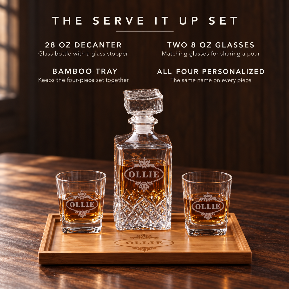 Details of the groomsmen decanter set: a 28 oz decanter, two 8 oz glasses, a bamboo tray and the same name on all four pieces