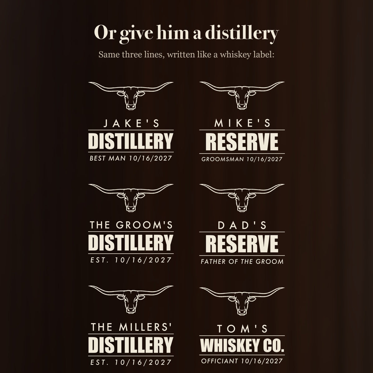 Distillery label ideas for groomsmen decanters: Jake's Distillery, Mike's Reserve, The Groom's Distillery, Dad's Reserve, Tom's Whiskey Co.