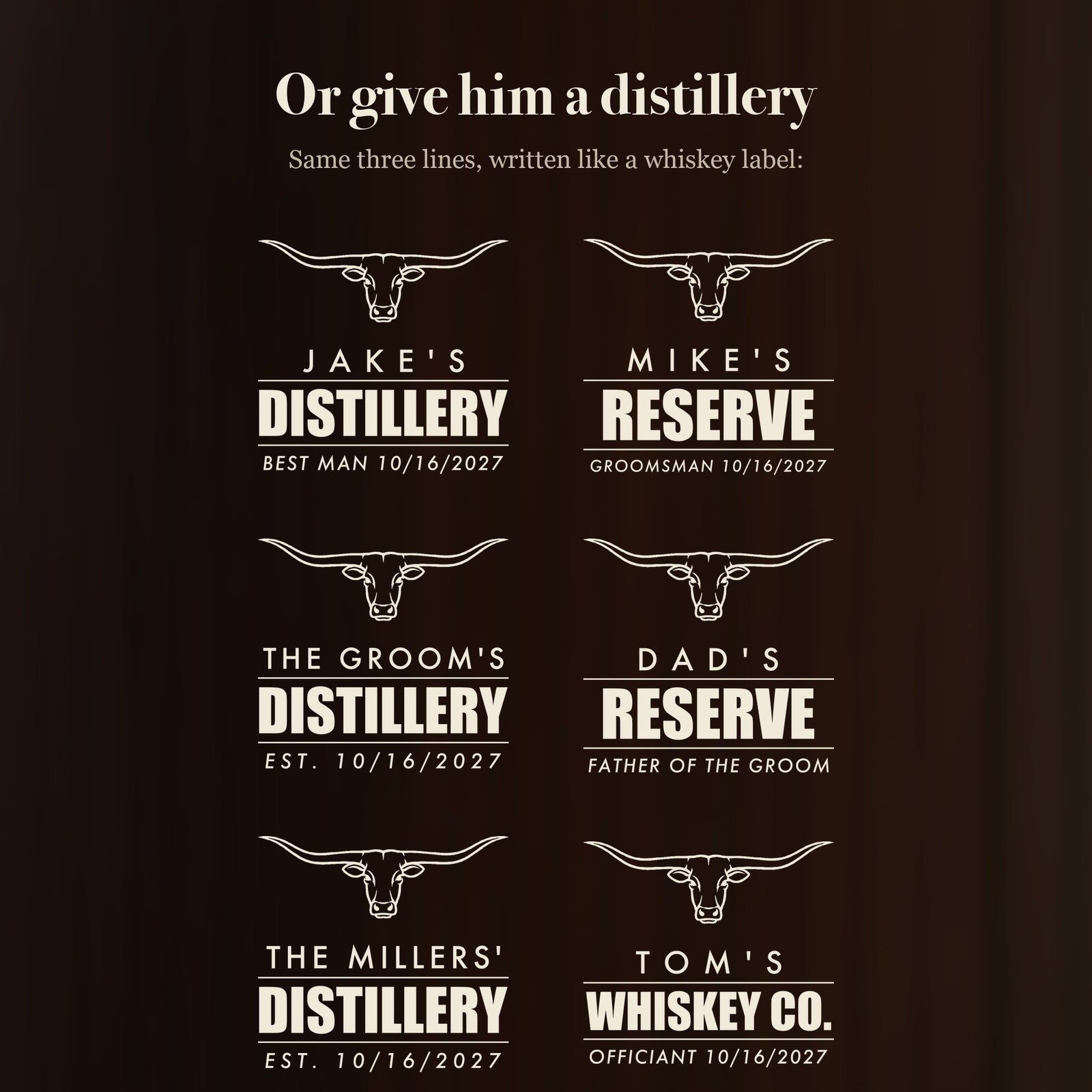Distillery label ideas for groomsmen decanters: Jake's Distillery, Mike's Reserve, The Groom's Distillery, Dad's Reserve, Tom's Whiskey Co.