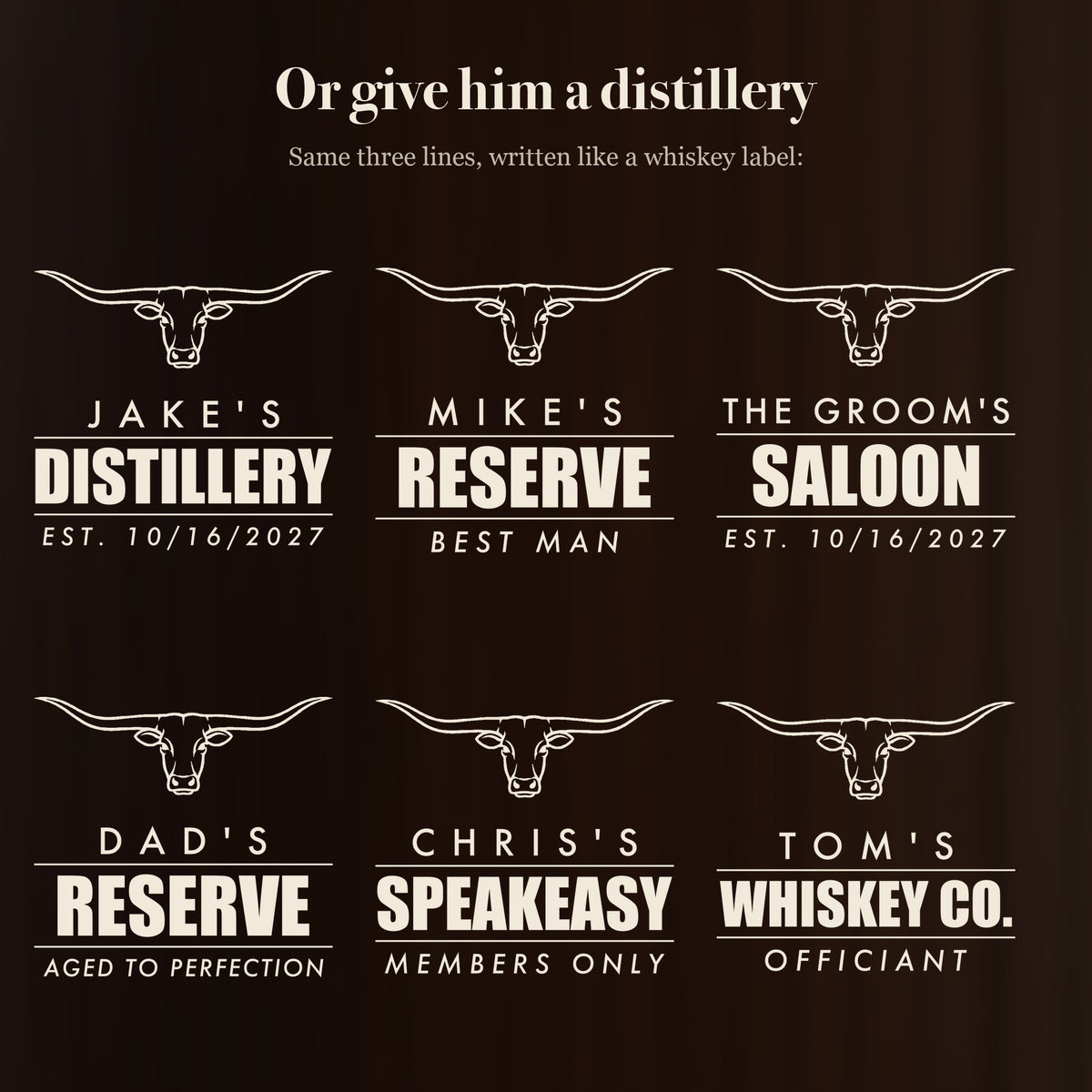 Distillery label ideas for groomsmen glasses: Jake's Distillery, Mike's Reserve, The Groom's Saloon, Dad's Reserve, Chris's Speakeasy, Tom's Whiskey Co.
