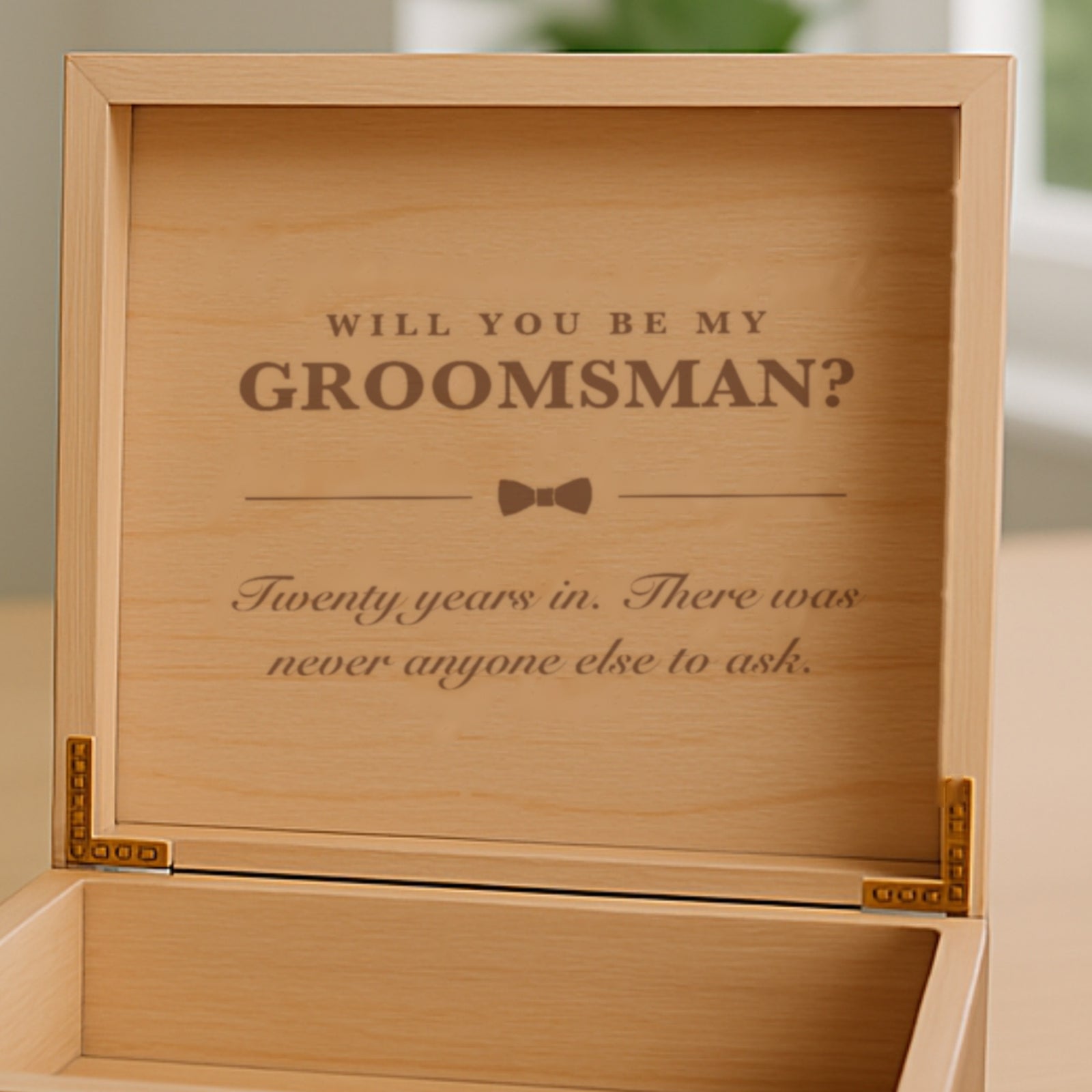 Open groomsmen proposal keepsake box with Will You Be My Groomsman laser engraved inside the Spanish cedar lid above a script message.