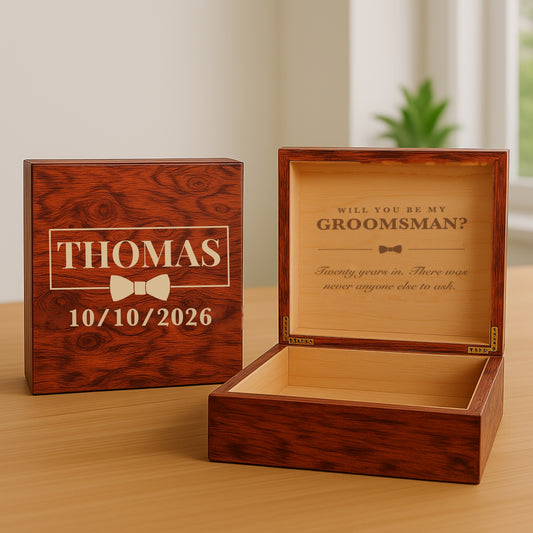 Burl wood groomsmen proposal keepsake box engraved with a name and wedding date, open to show the question engraved inside the lid.