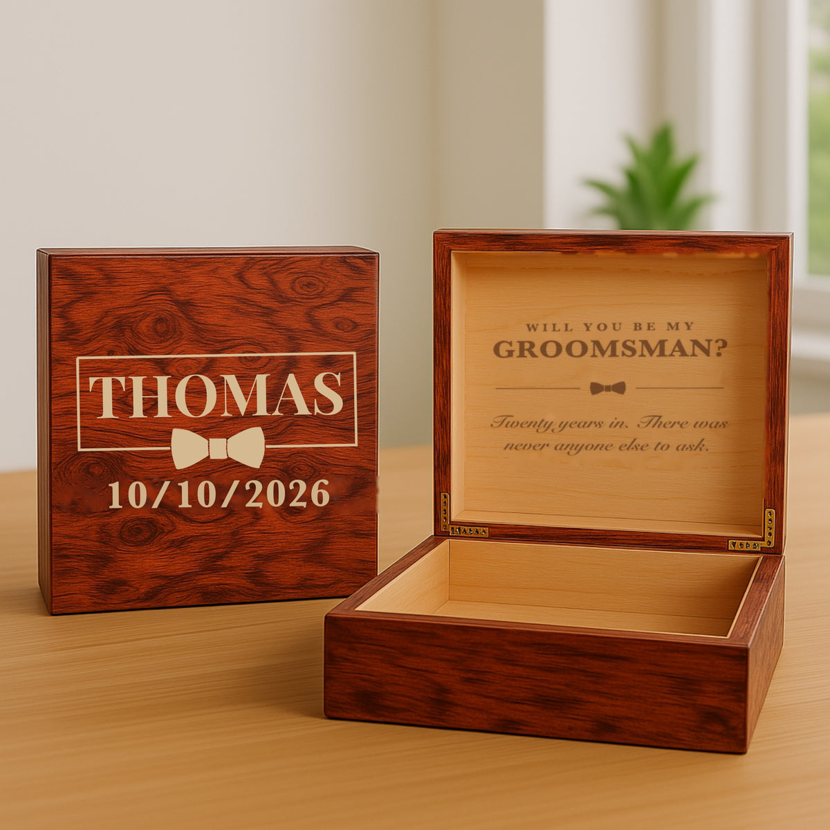 Burl wood groomsmen proposal keepsake box engraved with a name and wedding date, open to show the question engraved inside the lid.