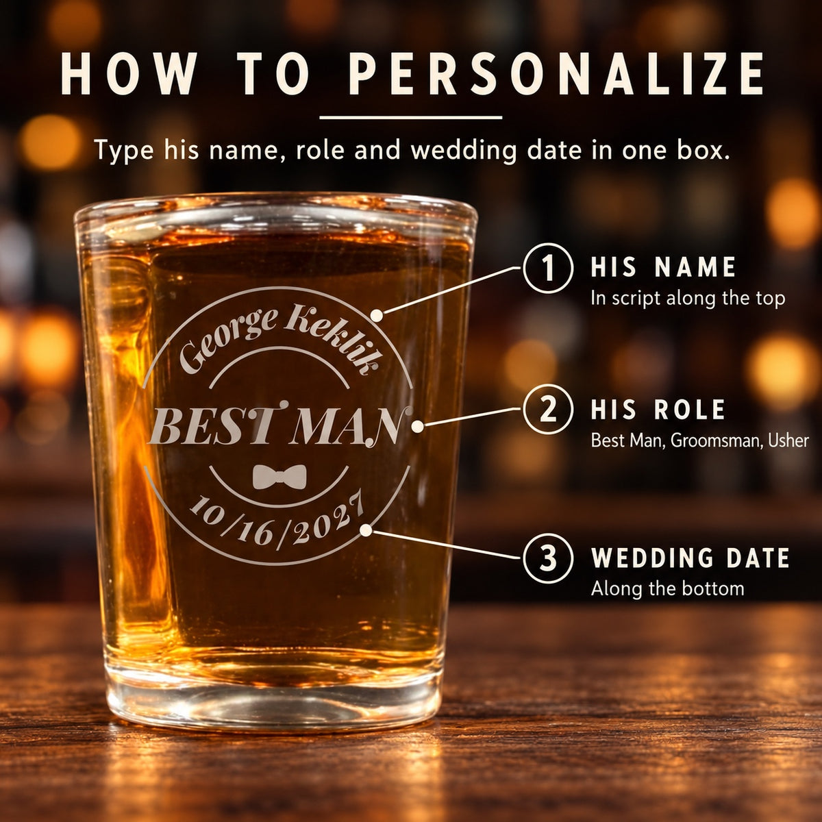 How to personalize the groomsmen shot glass: type his name, his role and the wedding date in one box, engraved in a round badge