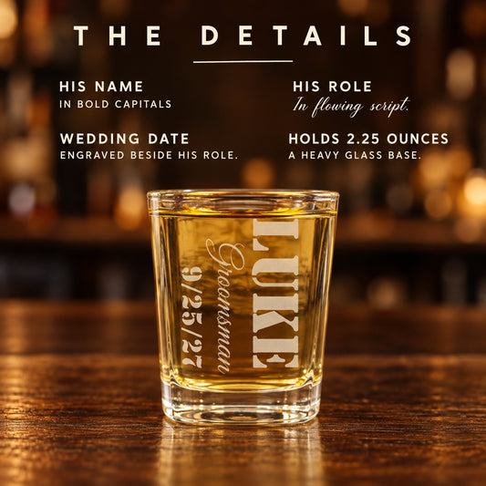 Details card for a personalized groomsmen shot glass: his name in bold capitals, his role in script, the wedding date beside it, and a 2.25 ounce heavy base.