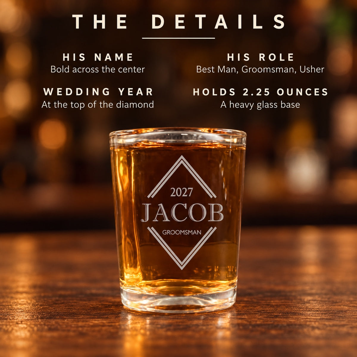 Details card for a personalized groomsmen shot glass showing the engraved name, role, wedding year and 2.25 ounce capacity, a simple engraved groomsmen gift.