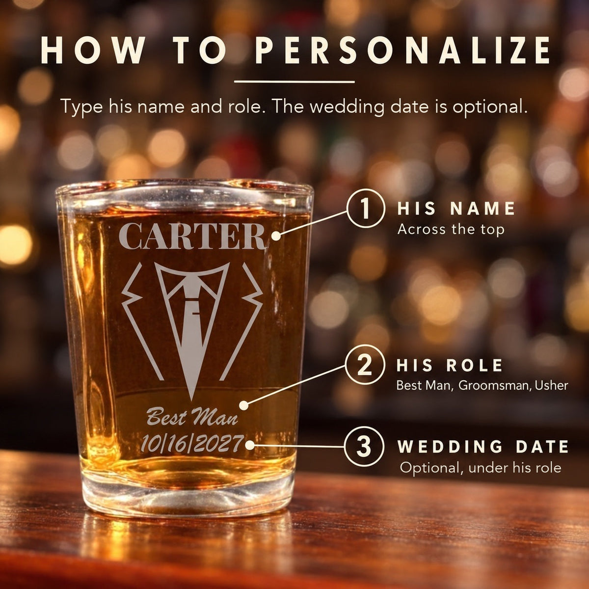 How to personalize the groomsmen shot glass: his name across the top, his role such as Best Man under the tuxedo, and an optional wedding date below
