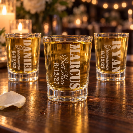 Three engraved groomsmen shot glasses with whiskey on a walnut bar at a candlelit reception, etched MARCUS Best Man, DANIEL and RYAN Groomsman, dated 6/12/27.