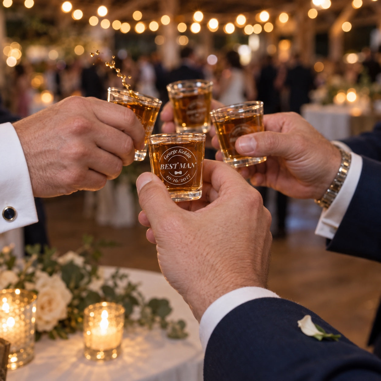 Groomsmen in navy suits raise personalized shot glasses in a toast at the wedding reception, the Best Man glass in front
