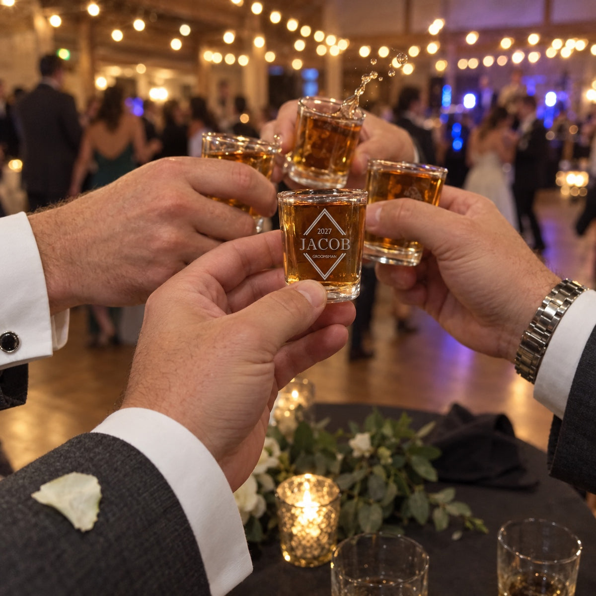 Groomsmen in dark suits raise engraved shot glasses in a toast at a wedding reception, the front glass etched JACOB, GROOMSMAN and 2027 in a diamond.