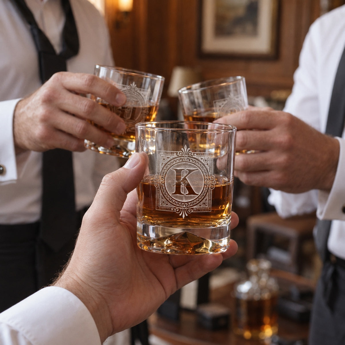 Groomsmen in white shirts toasting with engraved whiskey glasses before the wedding, the front Bormioli glass carved with the initial K