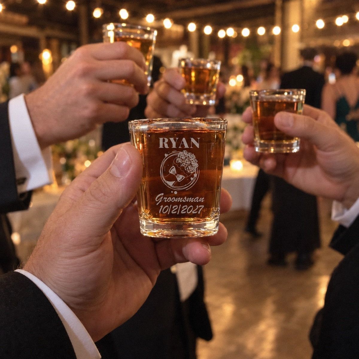 Groomsmen in tuxedos raise personalized groomsmen shot glasses at the reception, the front glass engraved RYAN, Groomsman, 10/2/2027
