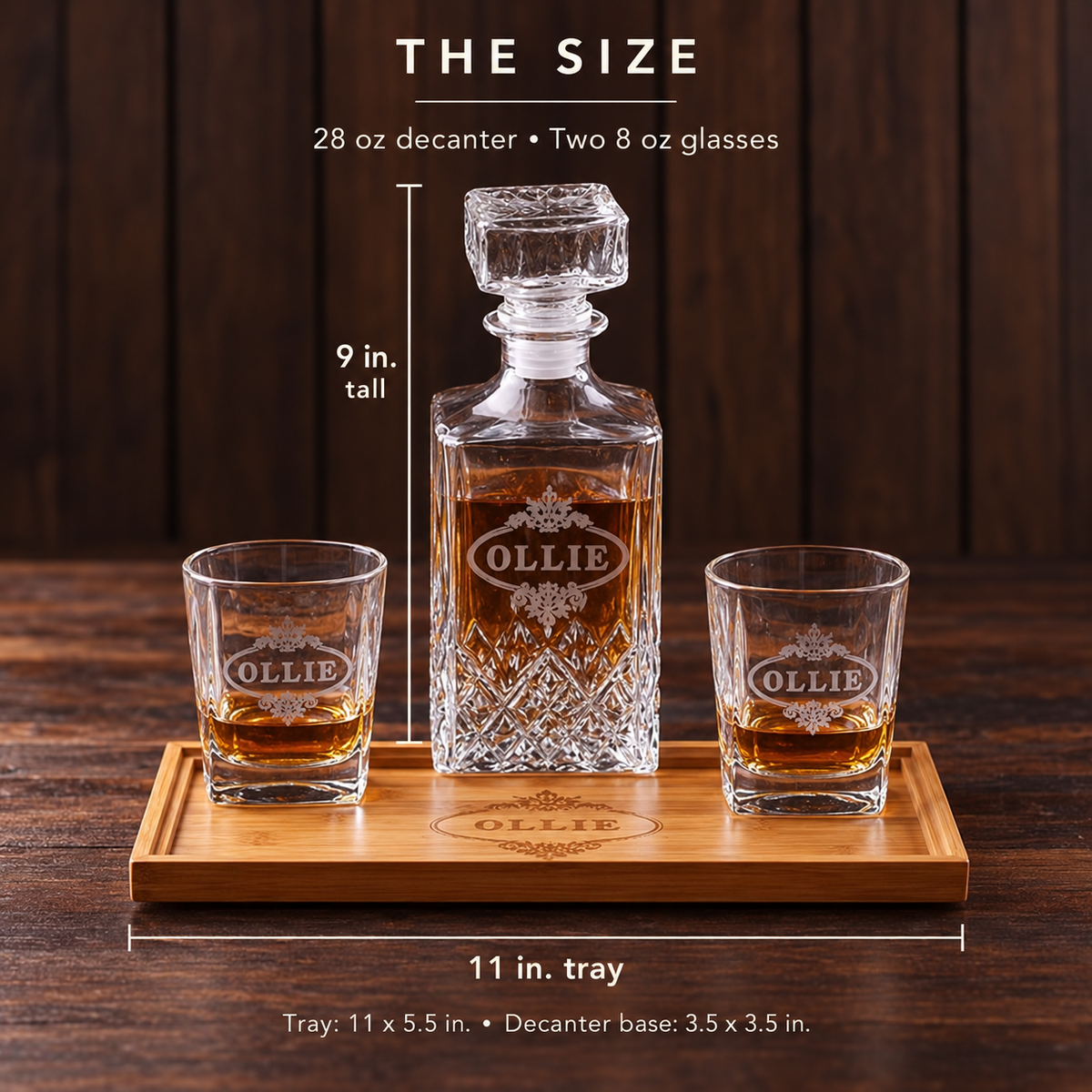 Size of the groomsmen whiskey decanter set: the decanter stands 9 inches tall on an 11 inch bamboo tray with two glasses
