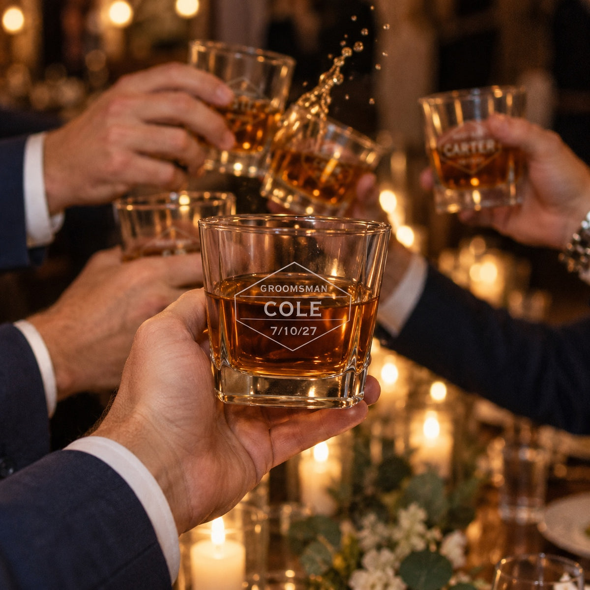 Groomsmen raise engraved whiskey glasses in a toast at a candlelit rehearsal dinner, the front glass reading GROOMSMAN, COLE and 7/10/27.