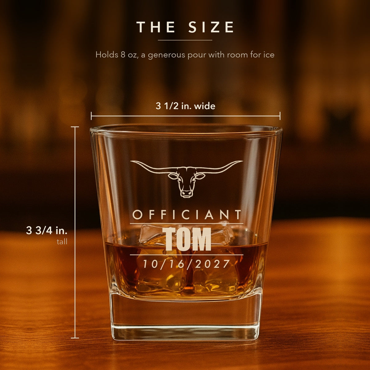 Size guide for the engraved groomsmen rocks glass: 3 3/4 inches tall and 3 1/2 inches wide, holds 8 oz, shown engraved Officiant Tom