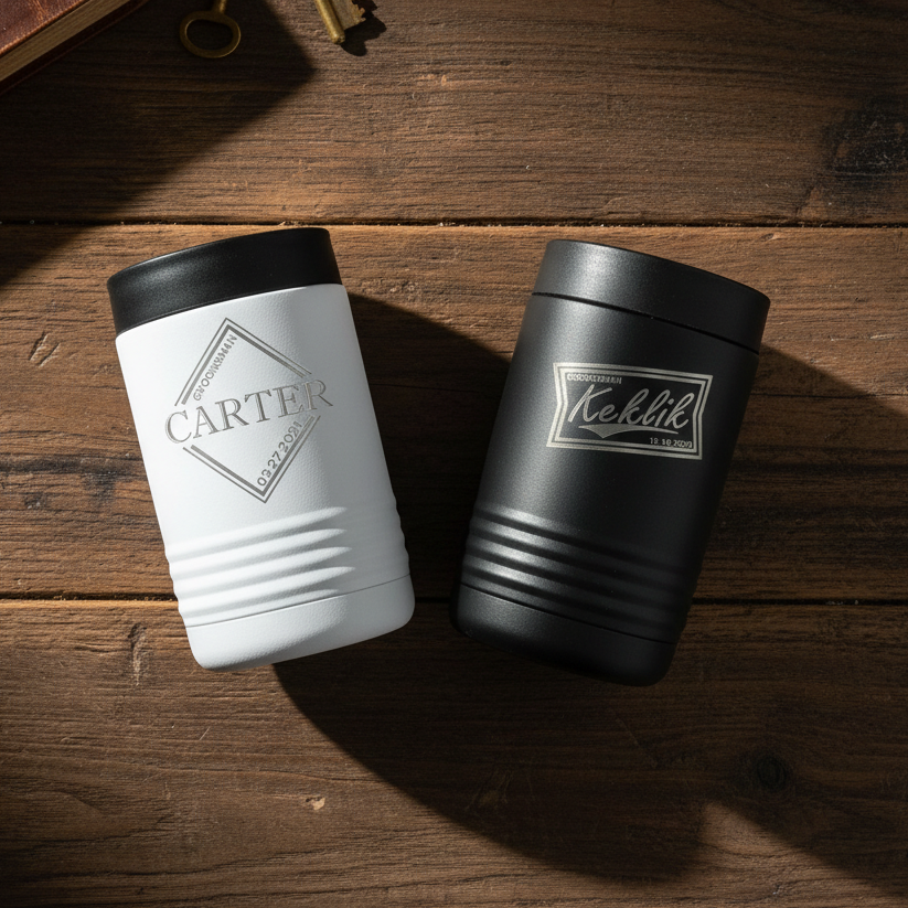 Two groomsmen tumblers, one white and one black, with personalization on a wooden surface.