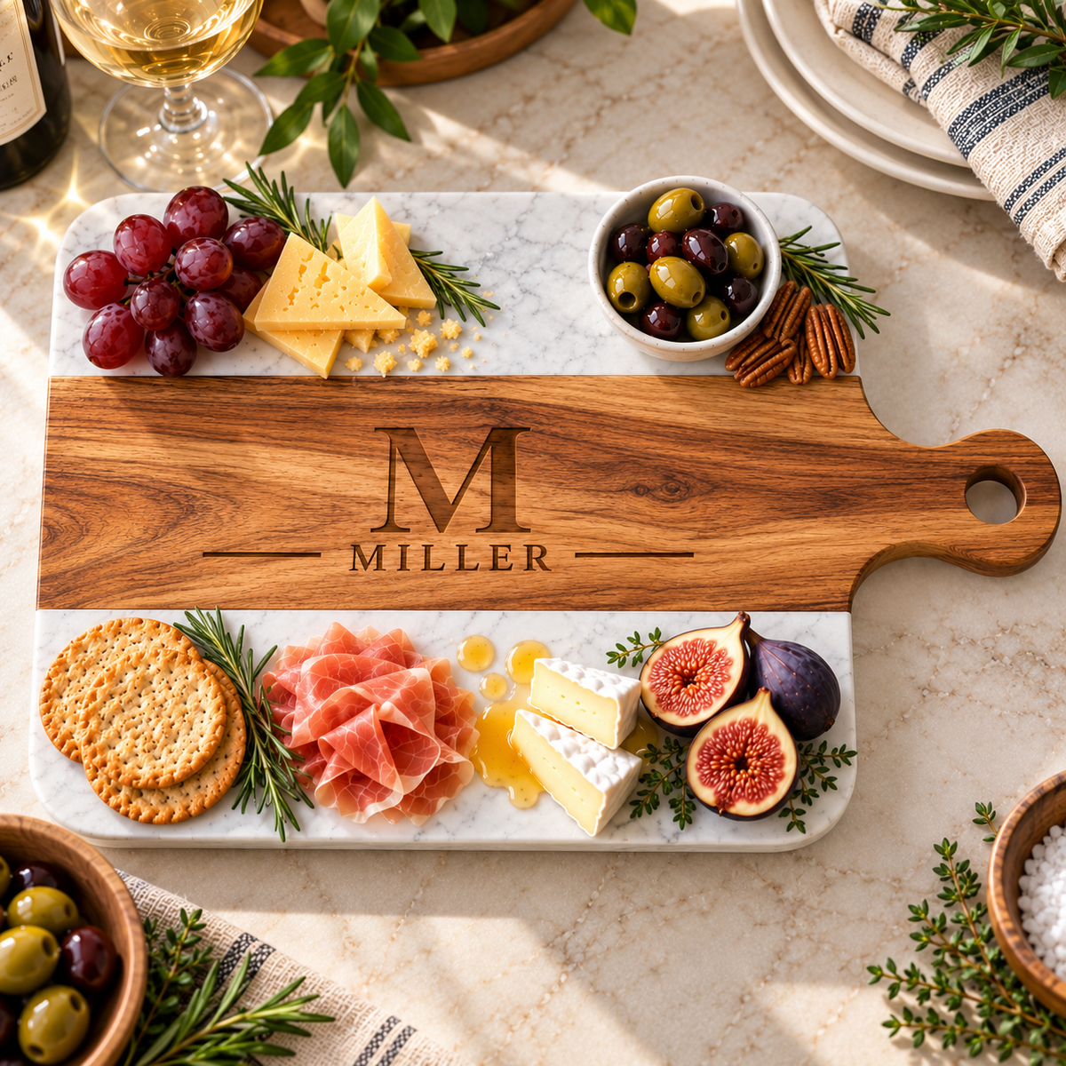 Personalized wedding charcuterie board with a monogrammed acacia center set with cheese, olives, prosciutto, figs, and crackers for the couple's first time hosting