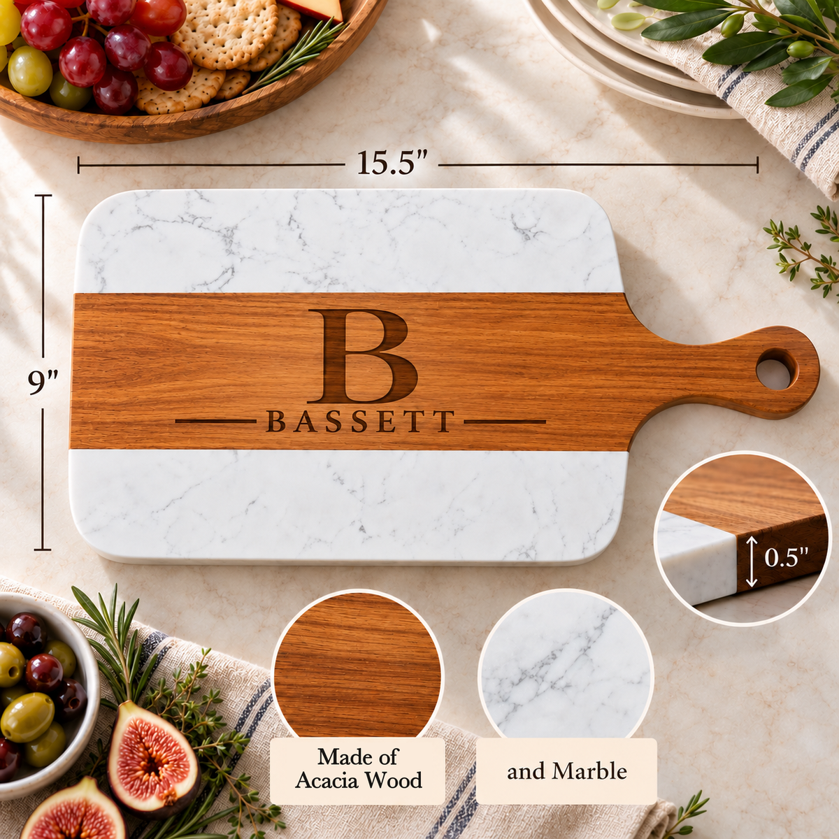 Dimensions of the Heritage Monogram Wedding Board, 15.5 by 9 by 0.5 inches, made of acacia wood and marble, engraved with initial B and last name BASSETT