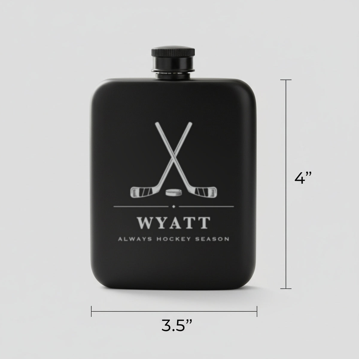 Size guide for the hockey groomsmen flask reading Always Hockey Season, 3.5 inches wide by 4 inches tall, holding 6 ounces.
