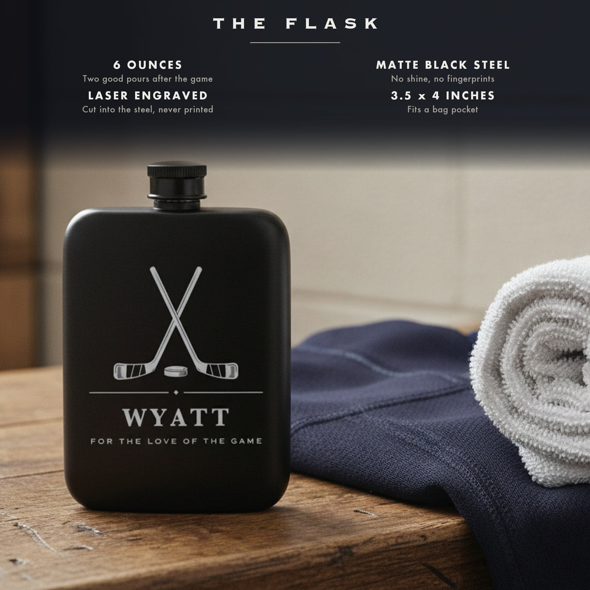 Specifications for the engraved hockey groomsmen flask, 6 ounces, matte black steel, laser engraved, 3.5 by 4 inches.