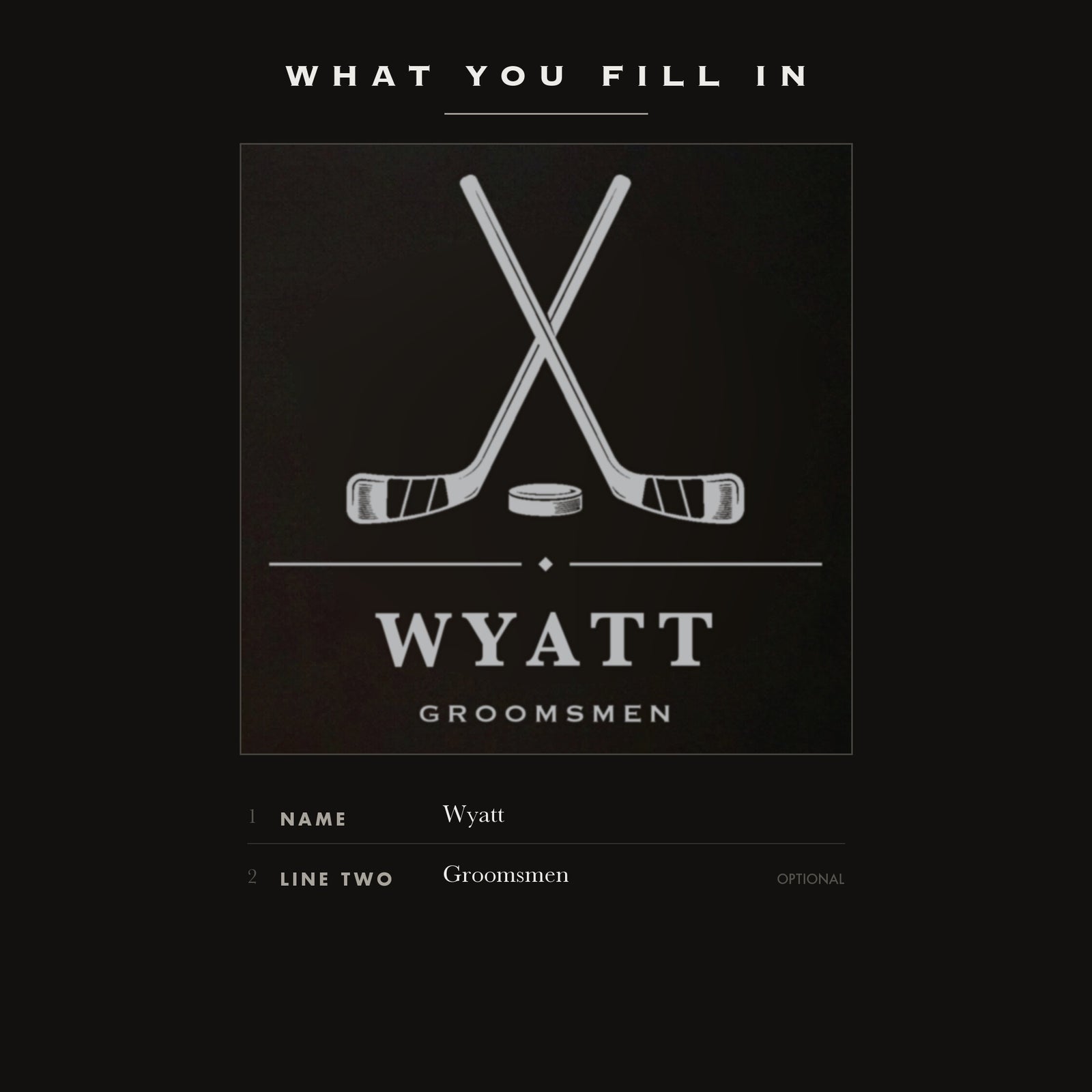 The two personalization fields on the hockey groomsmen flask, his name plus one optional line such as Groomsmen.