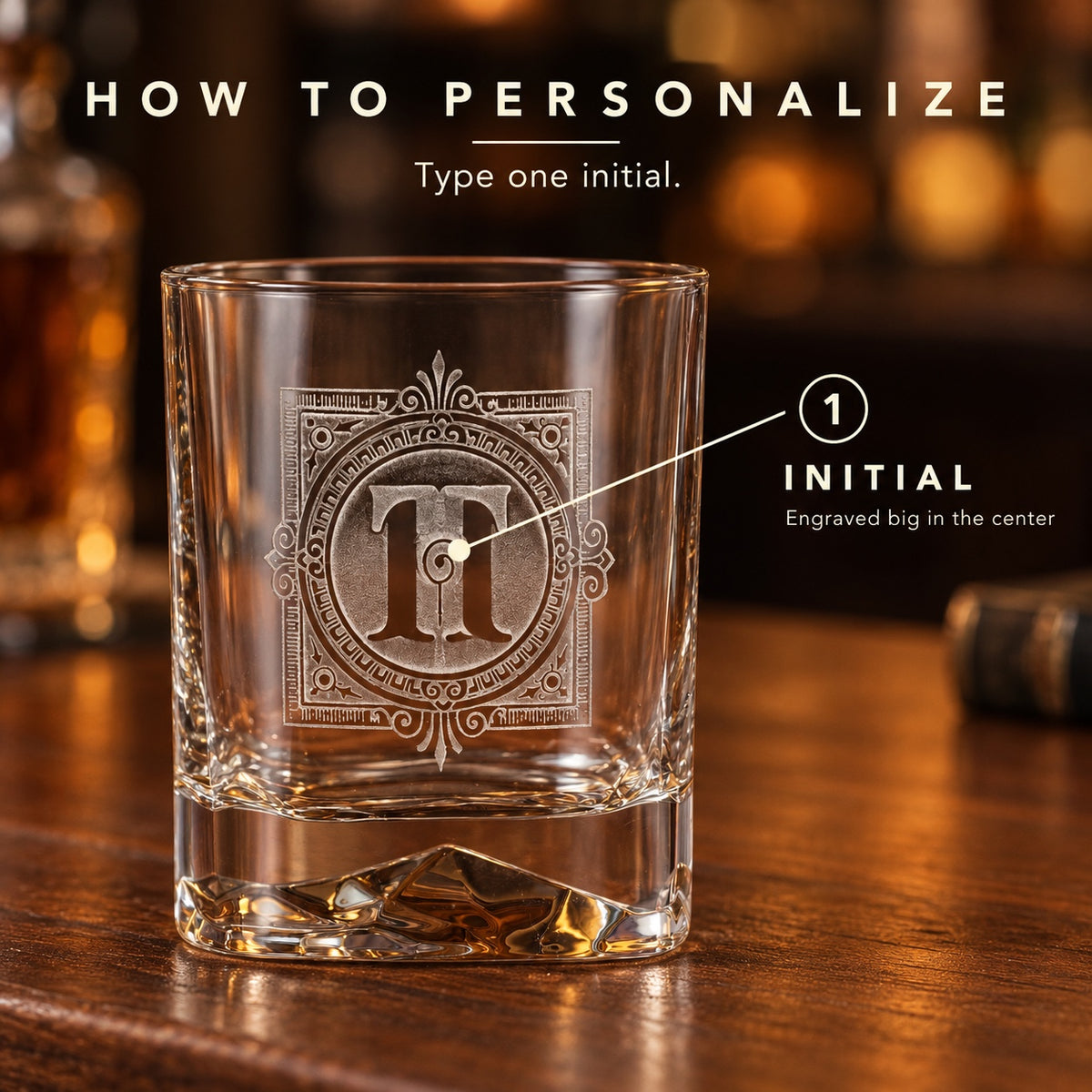 How to personalize the Bormioli whiskey glass: type one initial and we sand-carve it big in the center of the ornate frame, like the letter T