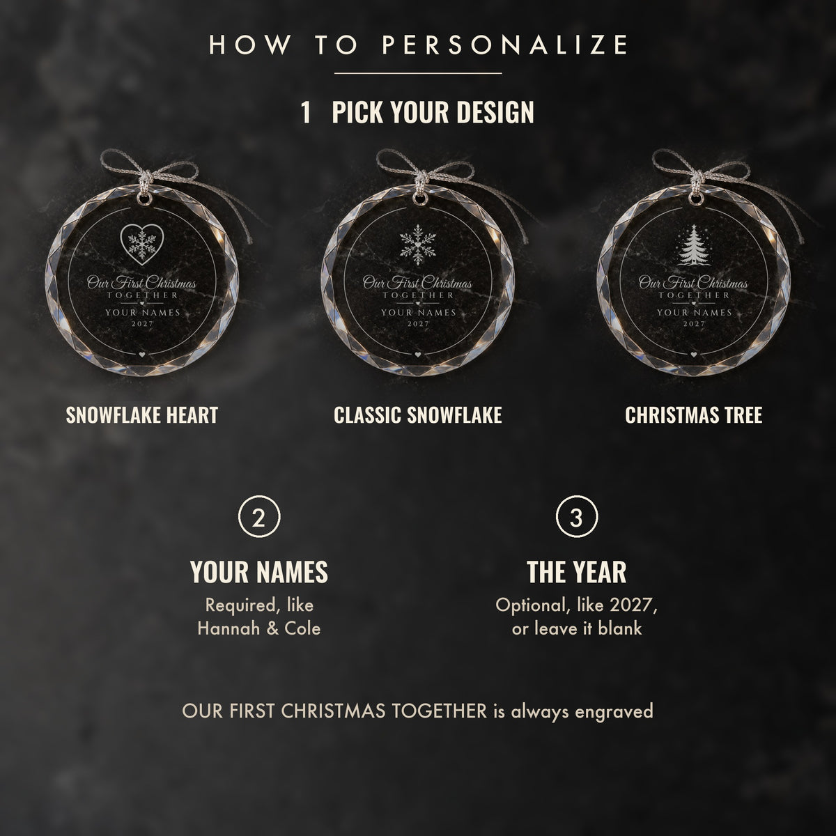 How to personalize the couples ornament: 1 pick Snowflake Heart, Classic Snowflake or Christmas Tree, 2 both names, 3 an optional year like 2027